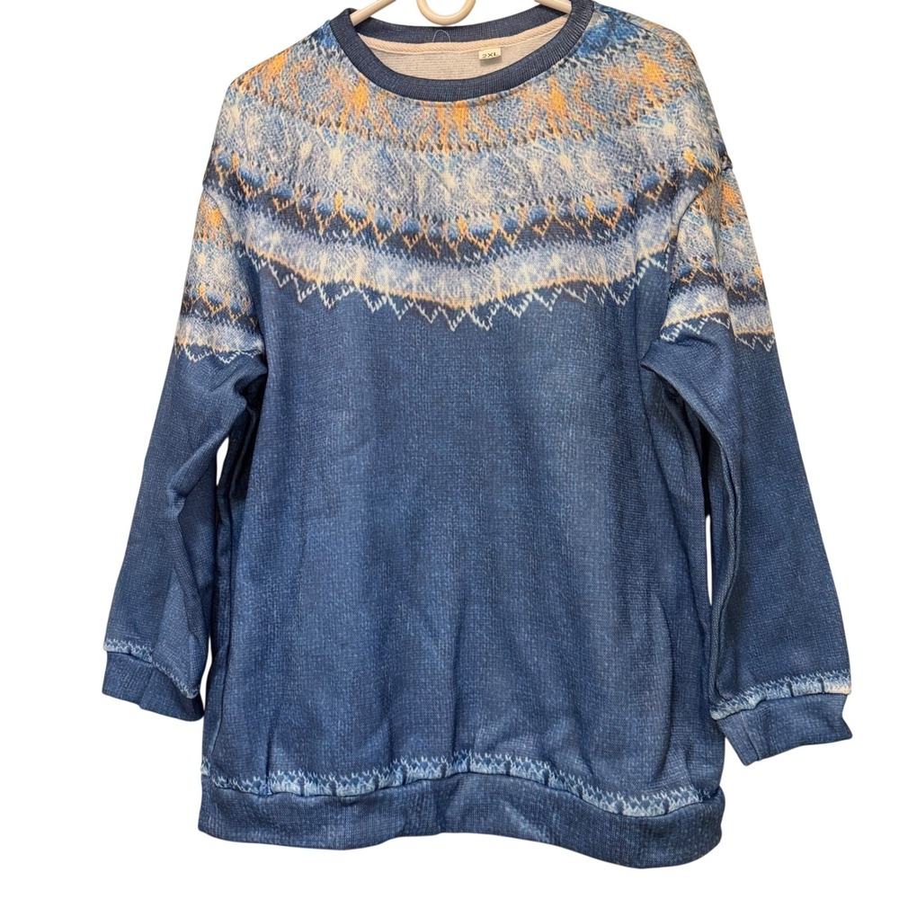 Blue Fair Isle Denim Print Fleece Lined Pullover Sweatshirt Mens 2XL Nordic